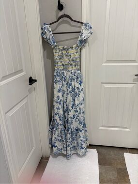White and Blue Floral Smocked Maxi Dress with Yellow Detail